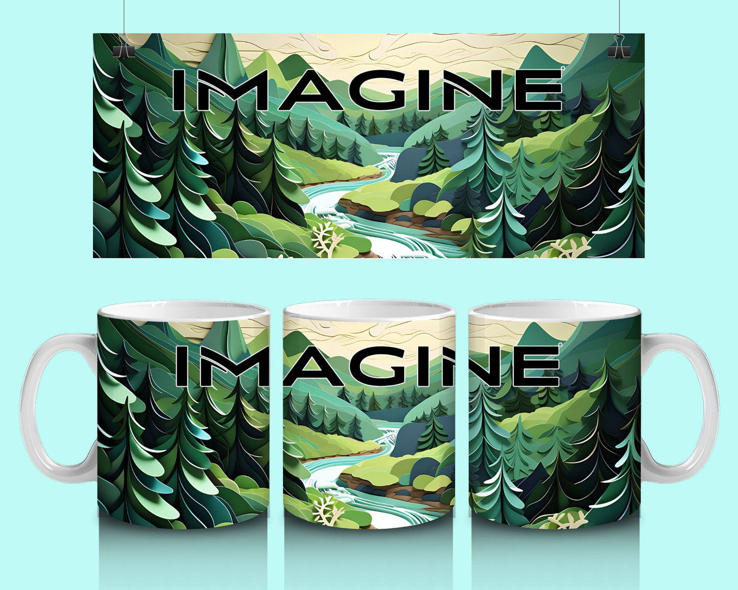 15 oz Coffee Cup Grand Design Imagine Lovey Makes It Imagine on Forest Stream Paper Art Green Trees No Name Horizontal <- ->