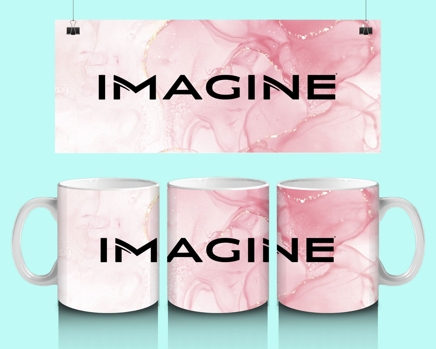 15 oz Coffee Cup Grand Design Imagine Lovey Makes It Imagine on Pink Marble No Name Horizontal <- ->
