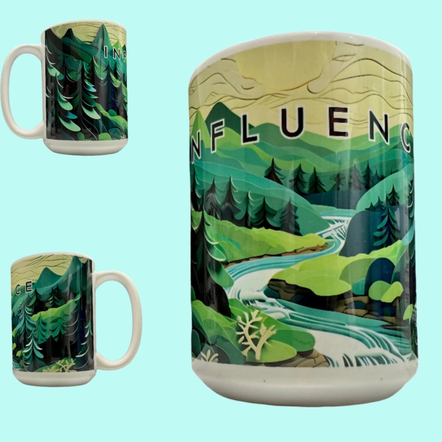 15 oz Coffee Cup Grand Design Influence Lovey Makes It Influence on Forest Stream Paper Art Green Trees No Name Horizontal <- ->