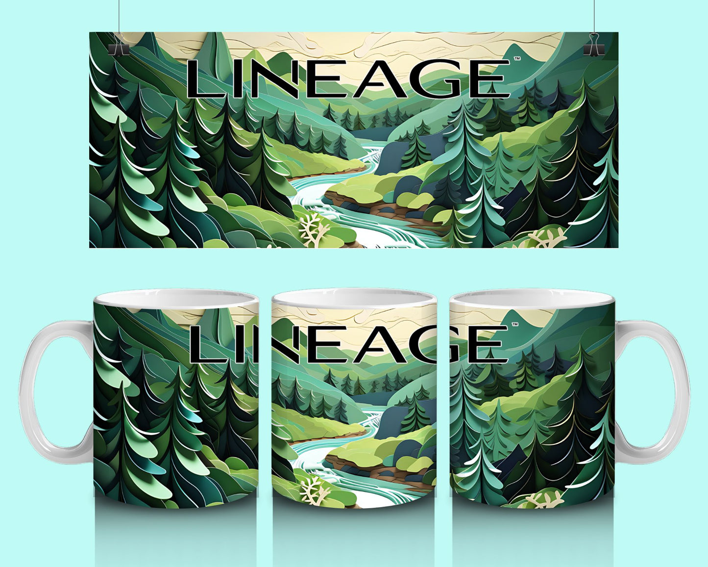 15 oz Coffee Cup Grand Design Lineage Lovey Makes It Lineage on Forest Stream Paper Art Green Trees No Name Horizontal <- ->