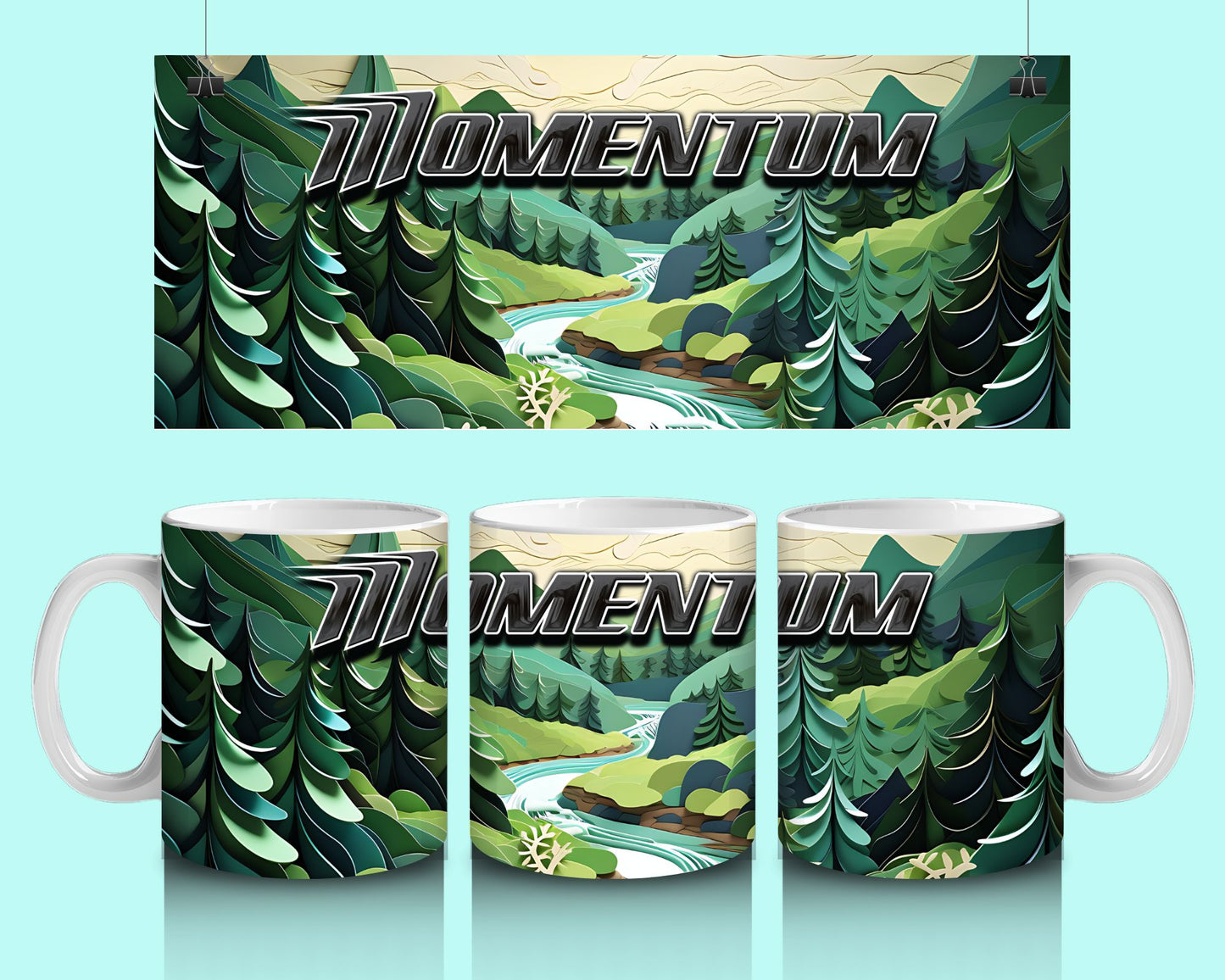 15 oz Coffee Cup Grand Design Momentum Lovey Makes It Momentum on Forest Stream Paper Art Green Trees No Name Horizontal <- ->