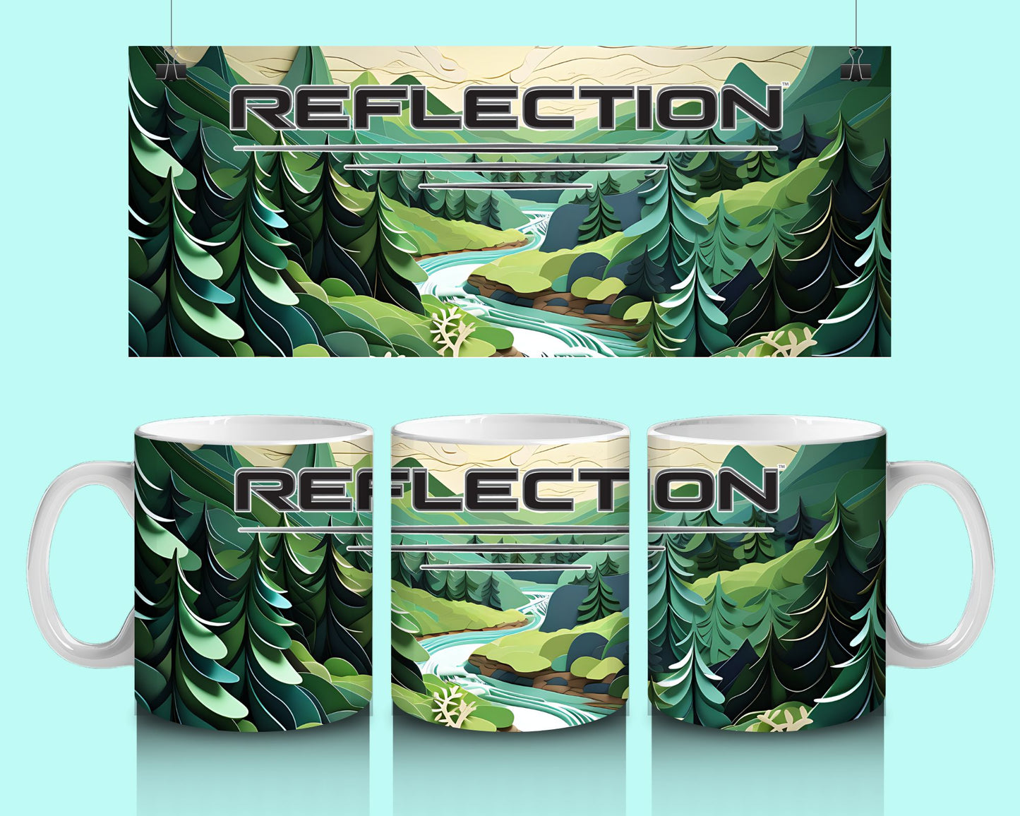 15 oz Coffee Cup Grand Design Reflection Lovey Makes It Reflection on Forest Stream Paper Art Green Trees No Name Horizontal <- ->