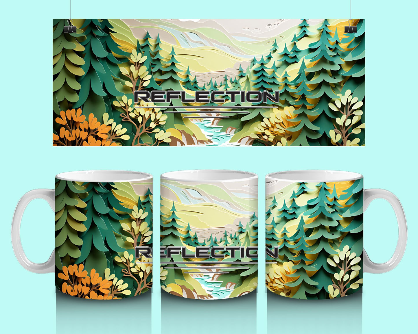 15 oz Coffee Cup Grand Design Reflection Lovey Makes It Reflection on Forest Stream Paper Art Orange Brush No Name Horizontal <- ->