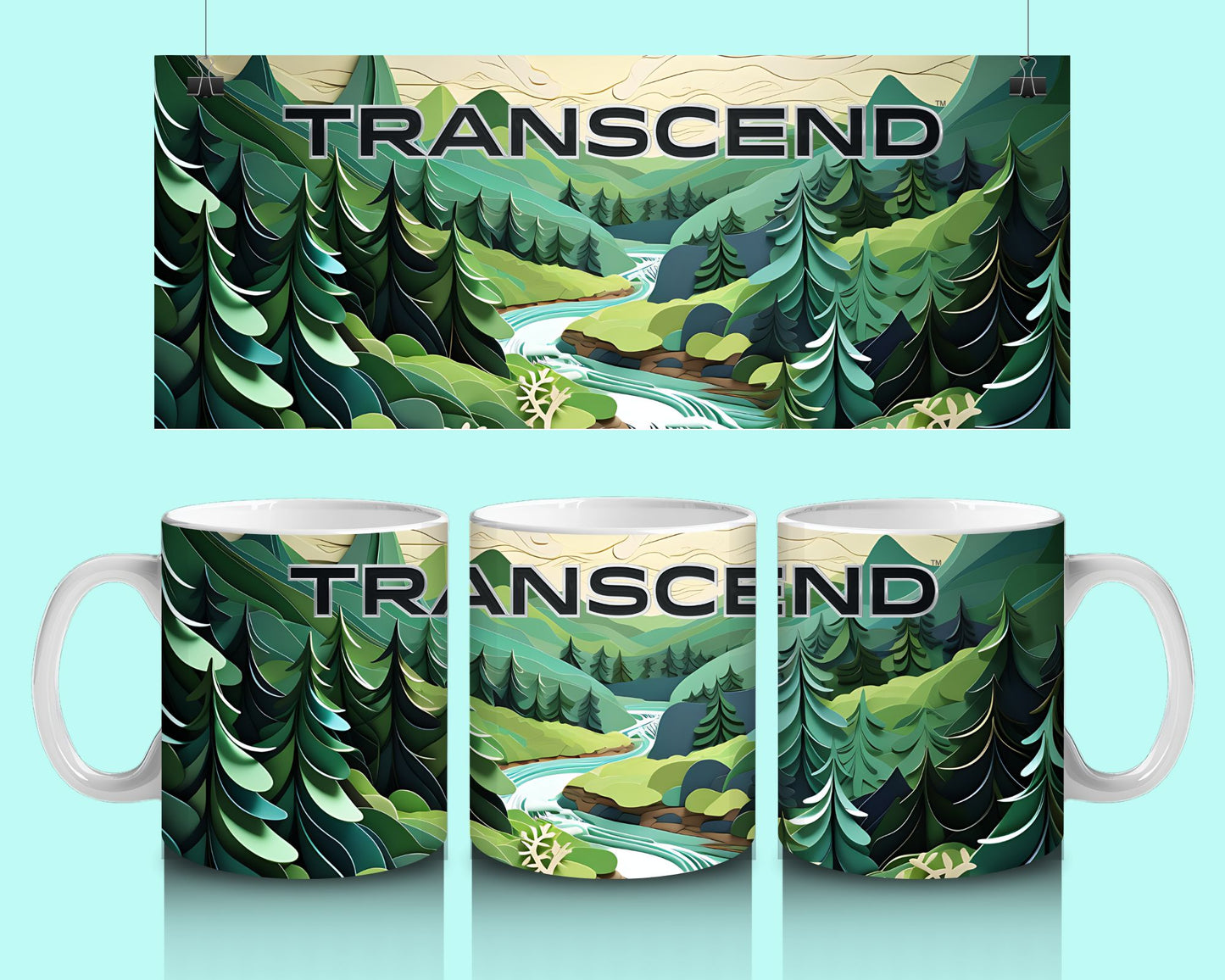 15 oz Coffee Cup Grand Design Transcend Lovey Makes It Transcend on Forest Stream Paper Art Green Trees No Name Horizontal <- ->