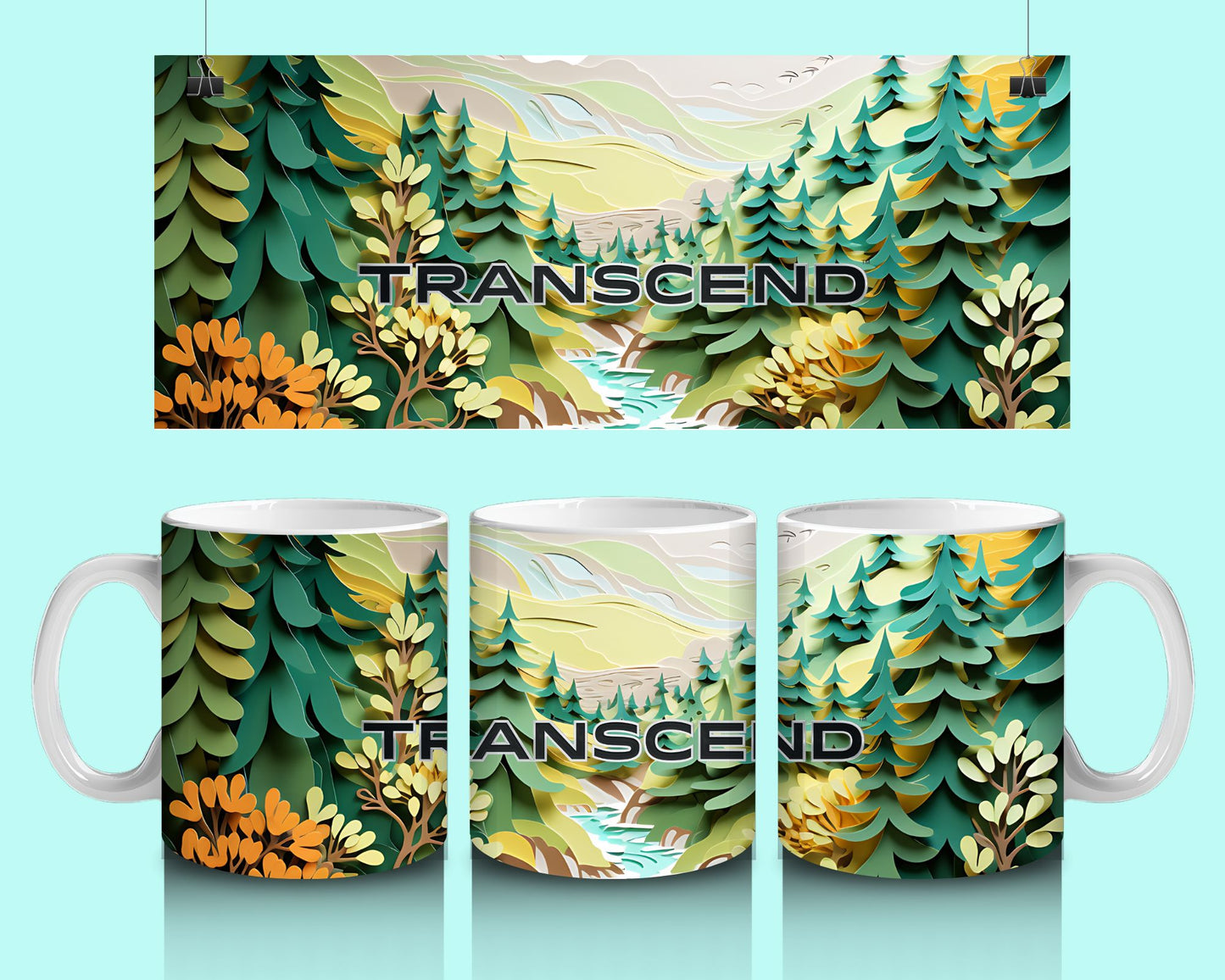 15 oz Coffee Cup Grand Design Transcend Lovey Makes It Transcend on Forest Stream Paper Art Orange Brush No Name Horizontal <- ->