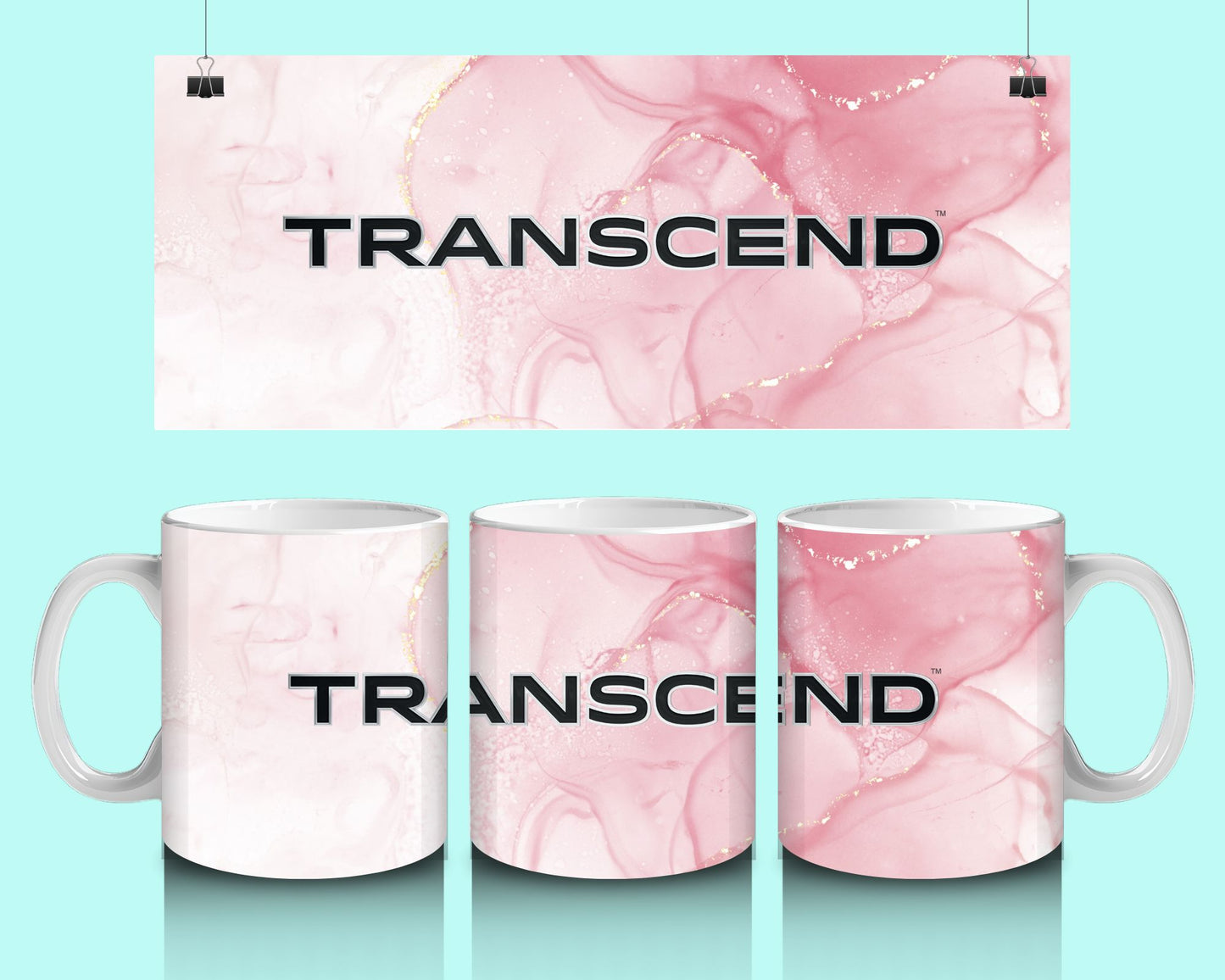 15 oz Coffee Cup Grand Design Transcend Lovey Makes It Transcend on Pink Marble No Name Horizontal <- ->