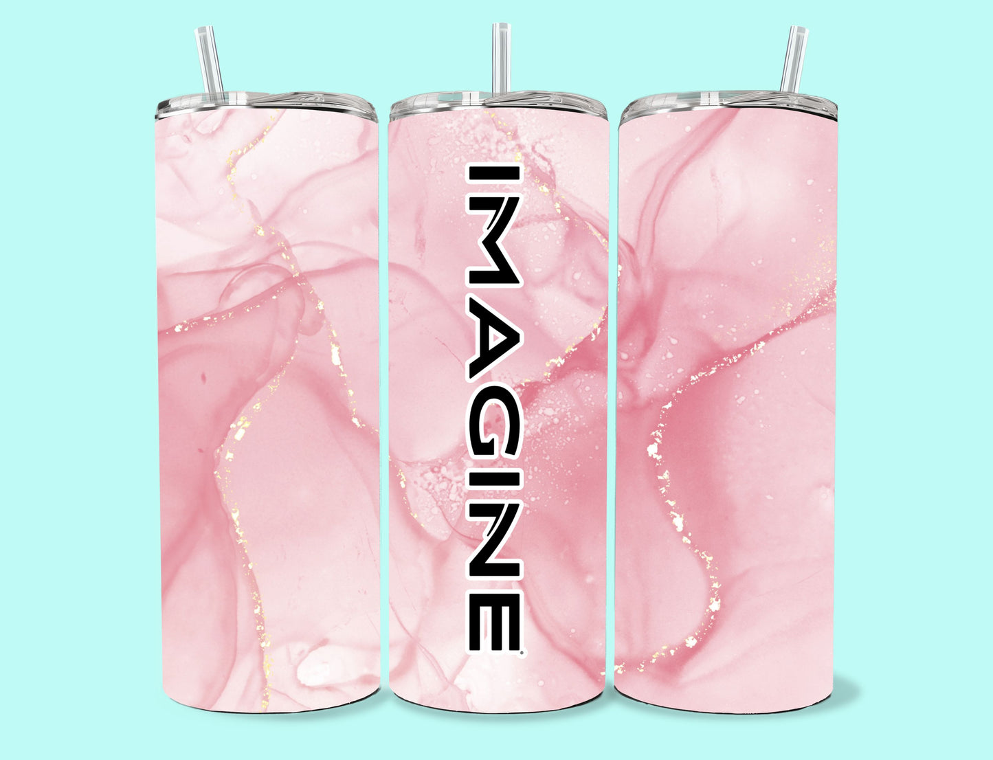 20 oz Skinny Tumbler Grand Design Imagine Lovey Makes It Imagine on Pink Marble No Name Vertical