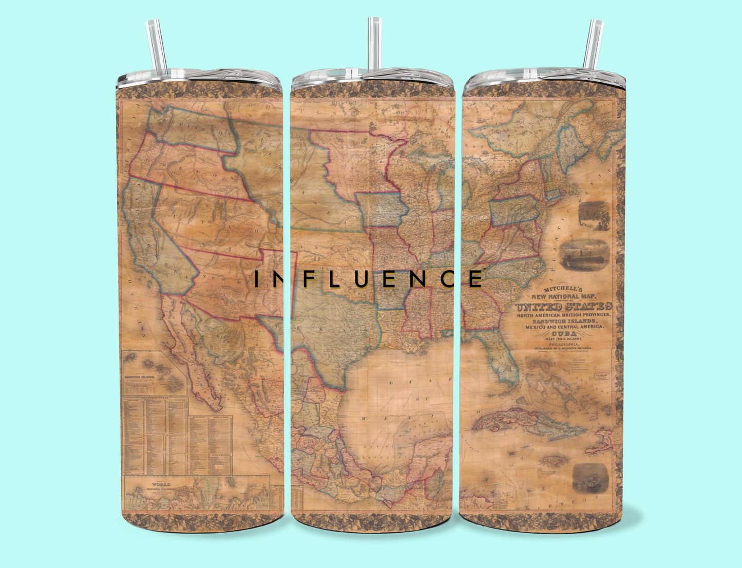 20 oz Skinny Tumbler Grand Design Influence Lovey Makes It Influence on 1865 North America Map No Name Horizontal <- ->