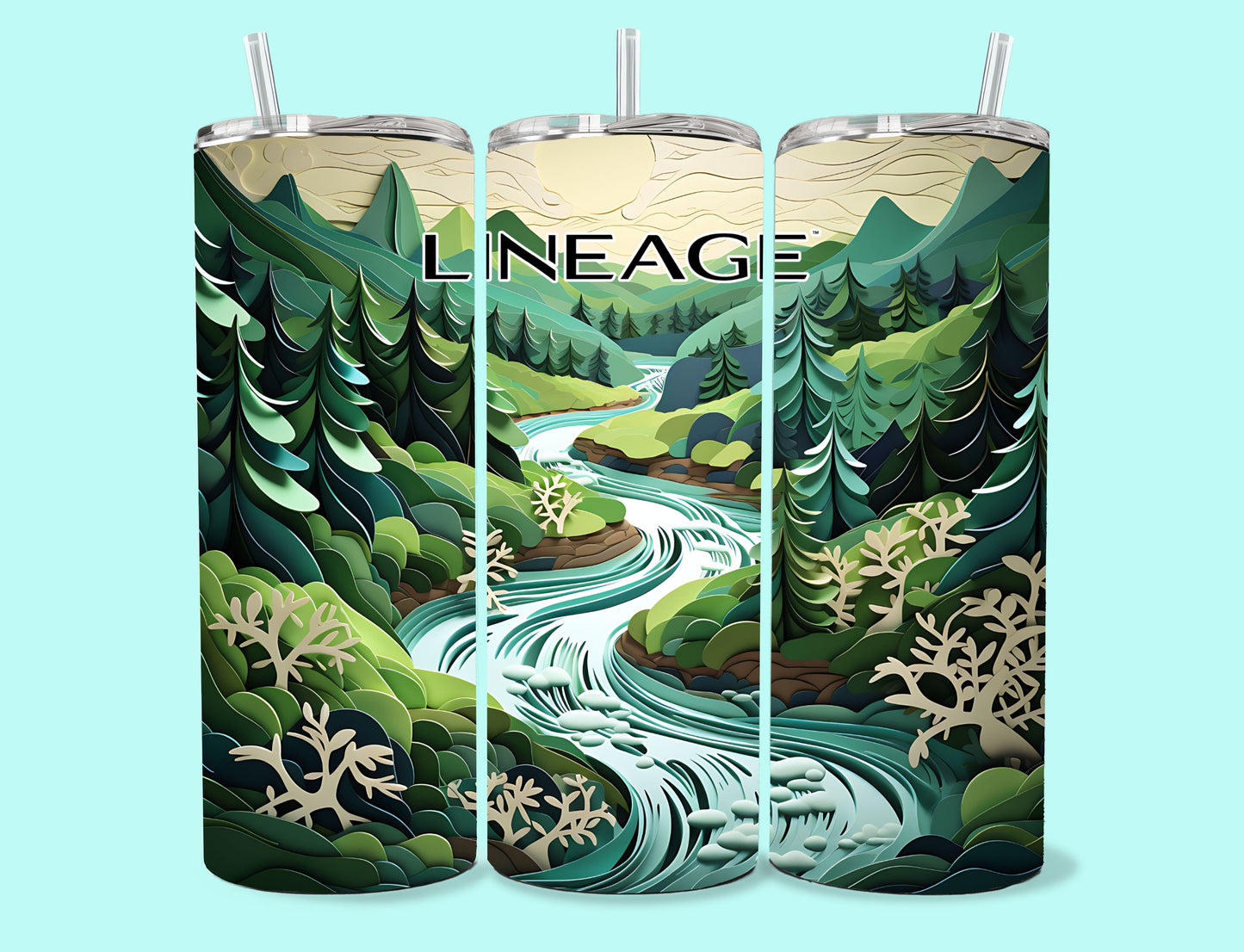 20 oz Skinny Tumbler Grand Design Lineage Lovey Makes It Lineage on Forest Stream Paper Art Green Trees No Name Horizontal <- ->