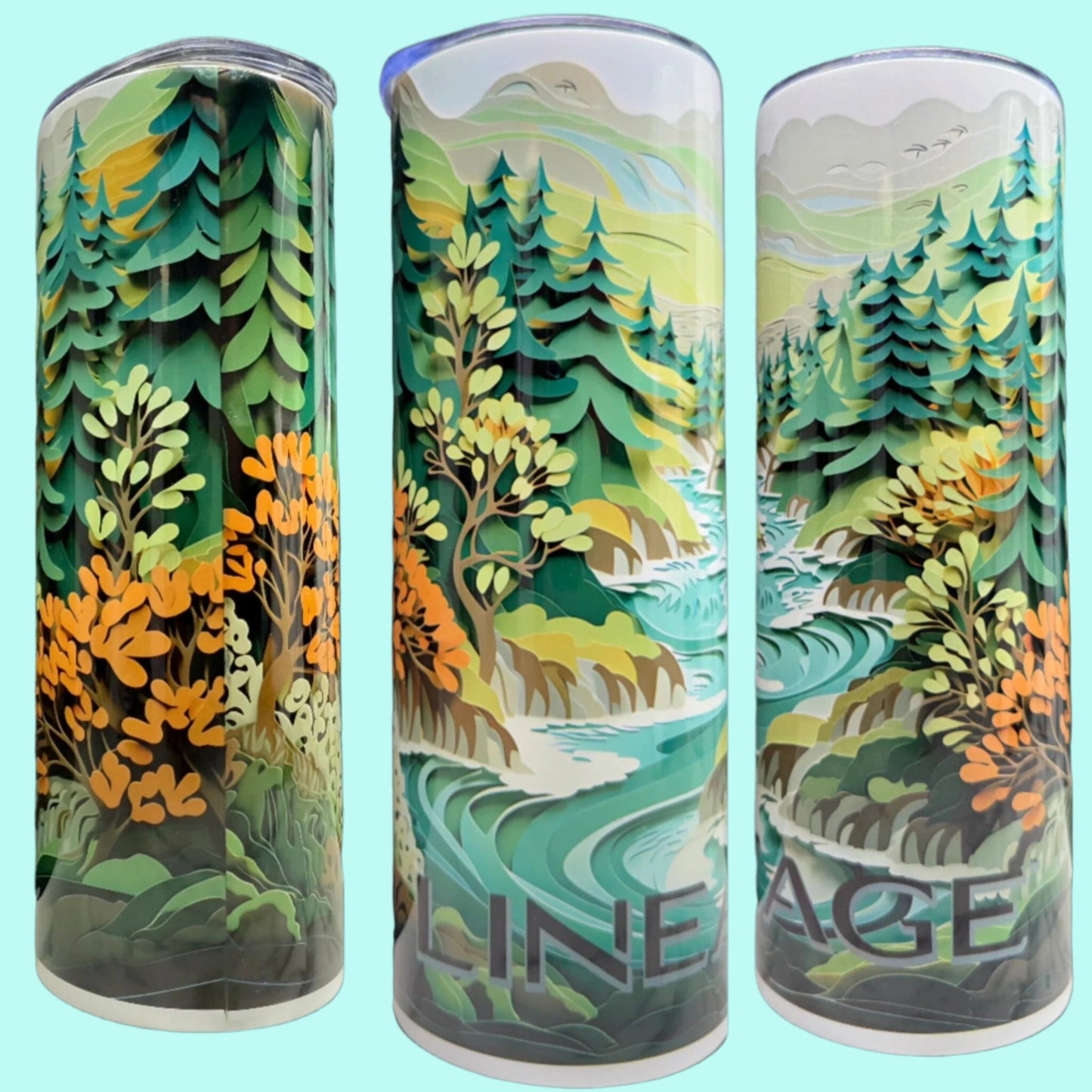 20 oz Skinny Tumbler Grand Design Lineage Lovey Makes It Lineage on Forest Stream Paper Art Orange Brush No Name Horizontal <- ->