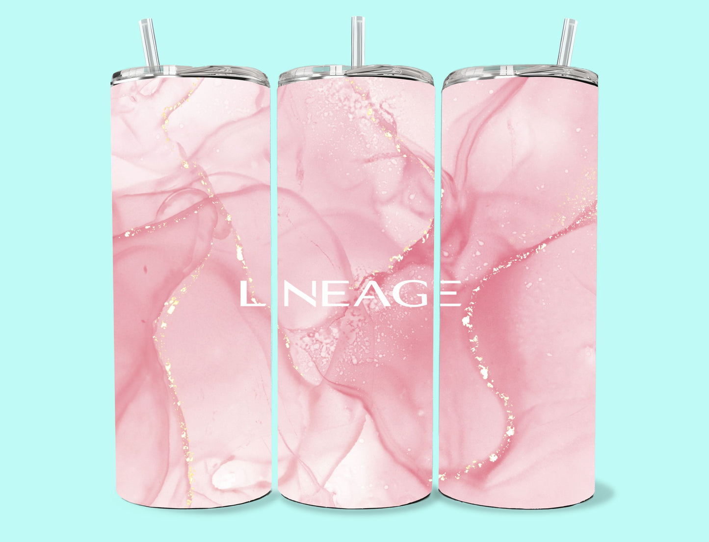 20 oz Skinny Tumbler Grand Design Lineage Lovey Makes It Lineage on Pink Marble No Name Horizontal <- ->