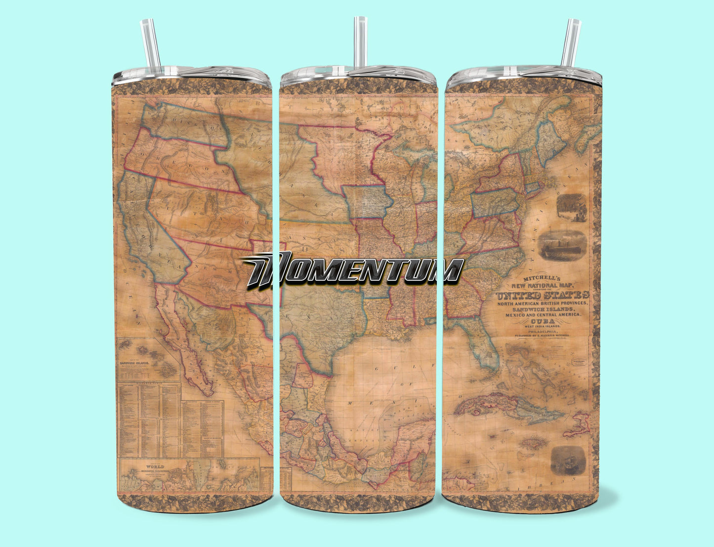 20 oz Skinny Tumbler Grand Design Momentum Lovey Makes It Momentum on 1865 North America Map No Name Horizontal <- ->