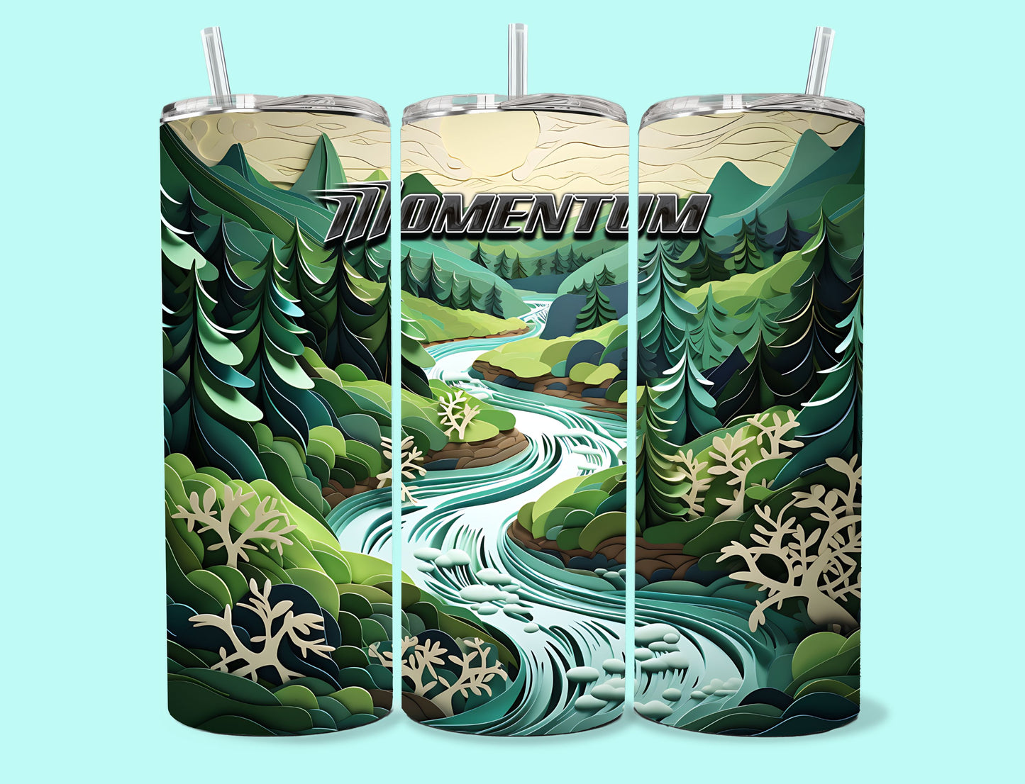 20 oz Skinny Tumbler Grand Design Momentum Lovey Makes It Momentum on Forest Stream Paper Art Green Trees No Name Horizontal <- ->