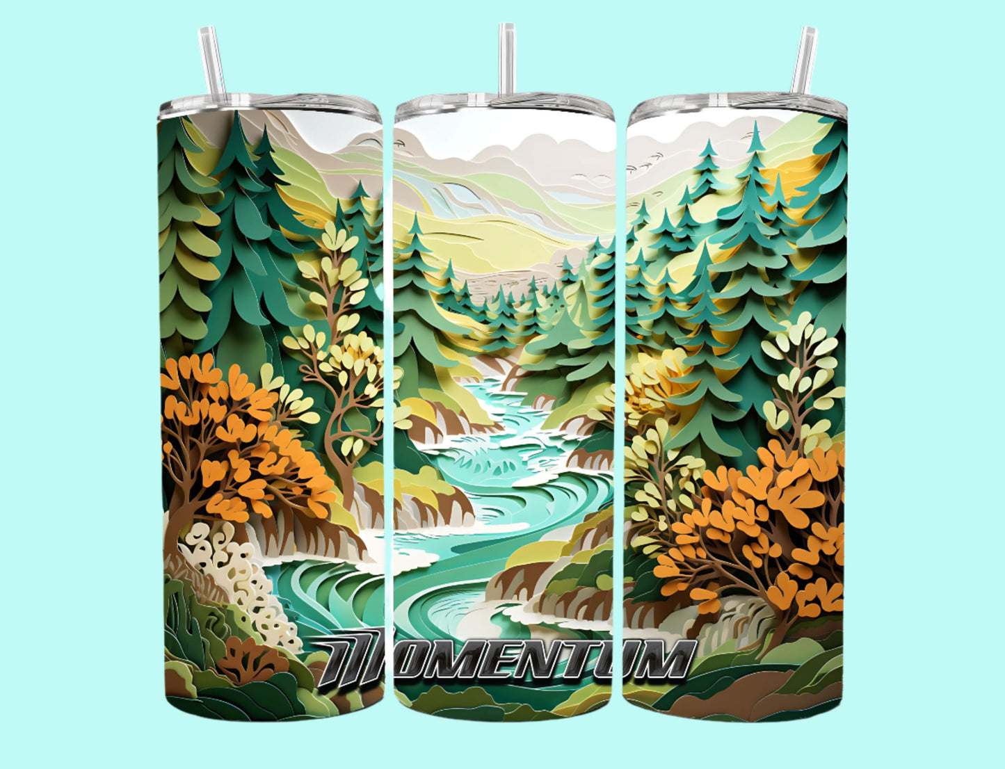 20 oz Skinny Tumbler Grand Design Momentum Lovey Makes It Momentum on Forest Stream Paper Art Orange Brush No Name Horizontal <- ->