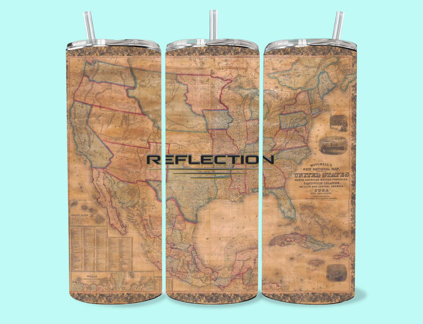 20 oz Skinny Tumbler Grand Design Reflection Lovey Makes It Reflection on 1865 North America Map No Name Horizontal <- ->