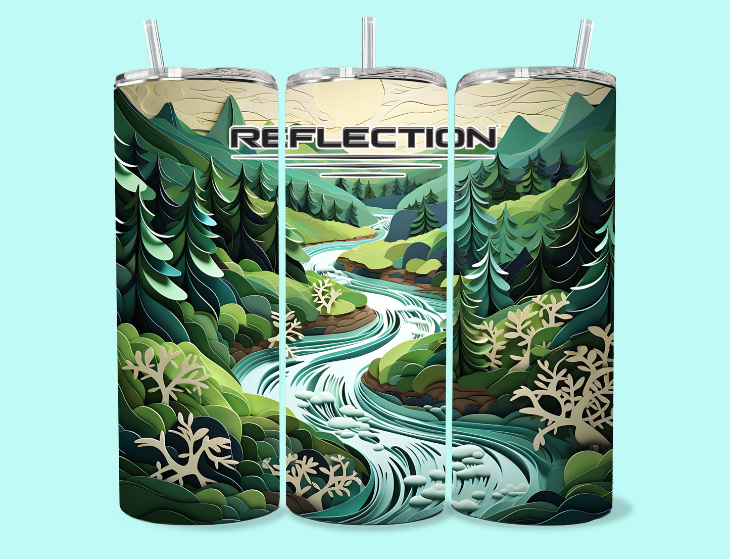 20 oz Skinny Tumbler Grand Design Reflection Lovey Makes It Reflection on Forest Stream Paper Art Green Trees No Name Horizontal <- ->