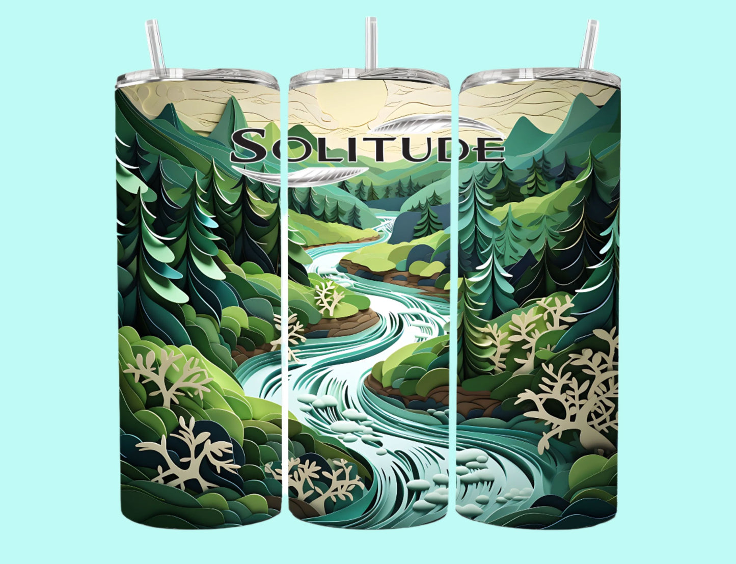 20 oz Skinny Tumbler Grand Design Solitude Lovey Makes It Solitude on Forest Stream Paper Art Green Trees No Name Horizontal <- ->