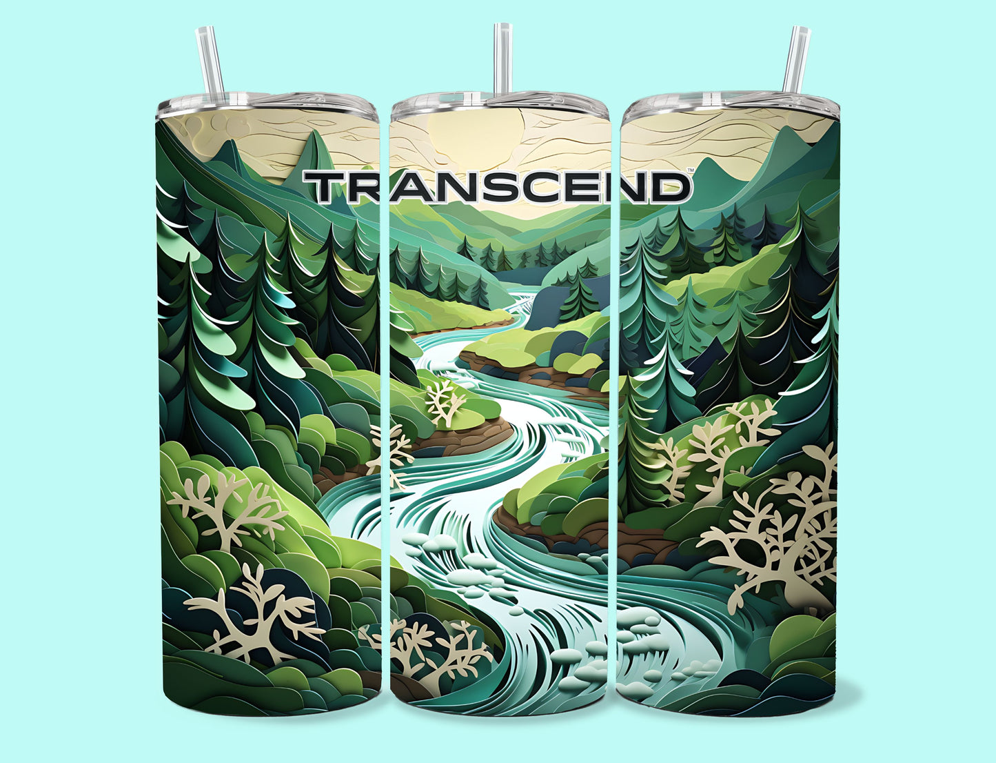 20 oz Skinny Tumbler Grand Design Transcend Lovey Makes It Transcend on Forest Stream Paper Art Green Trees Personalized Horizontal <- ->