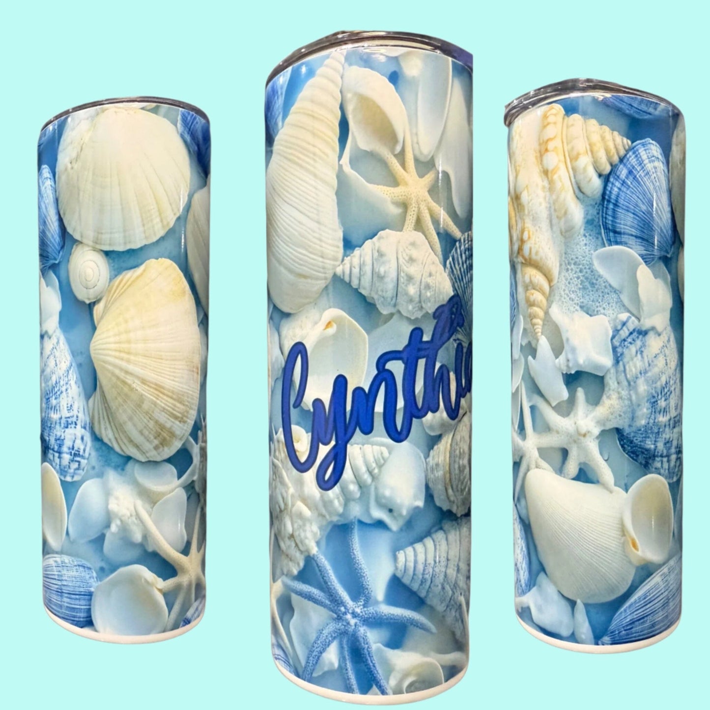 20 oz Skinny Tumblers - Customizable Lovey Makes It Seashells - Blue Real No Name