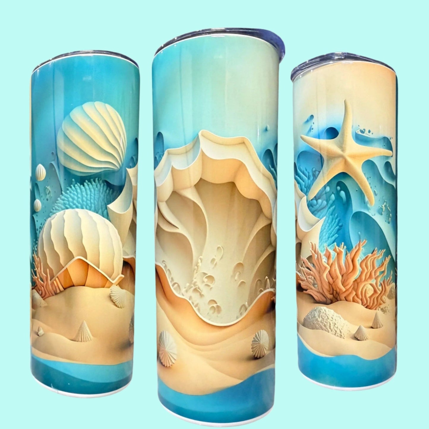 20 oz Skinny Tumblers - Customizable Lovey Makes It Seashells - Blue Sureal No Name