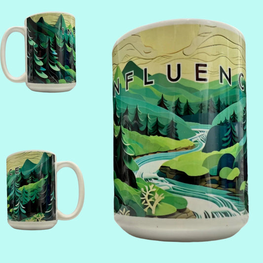 15 oz Coffee Cup Grand Design Influence Lovey Makes It Influence on Forest Stream Paper Art Green Trees No Name Horizontal <- ->