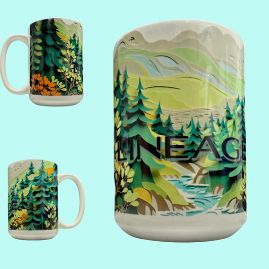 15 oz Coffee Cup Grand Design Lineage Lovey Makes It Lineage on Forest Stream Paper Art Orange Brush No Name Horizontal <- ->