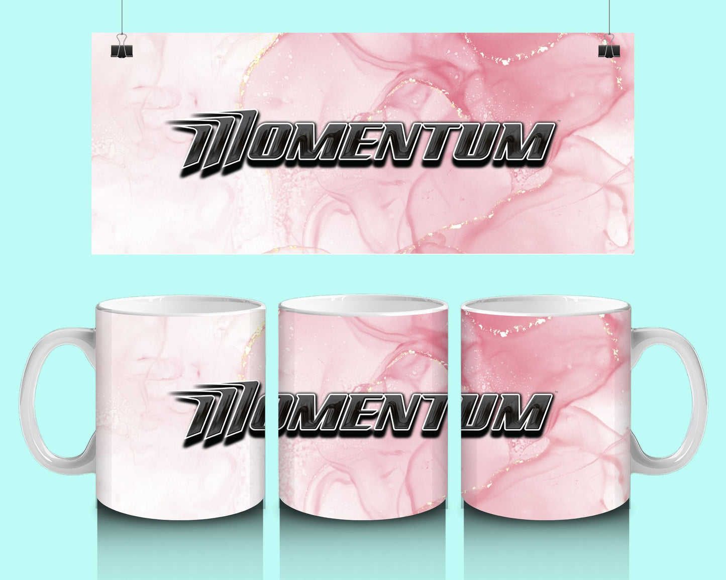 15 oz Coffee Cup Grand Design Momentum Lovey Makes It Momentum on Pink Marble No Name Horizontal <- ->