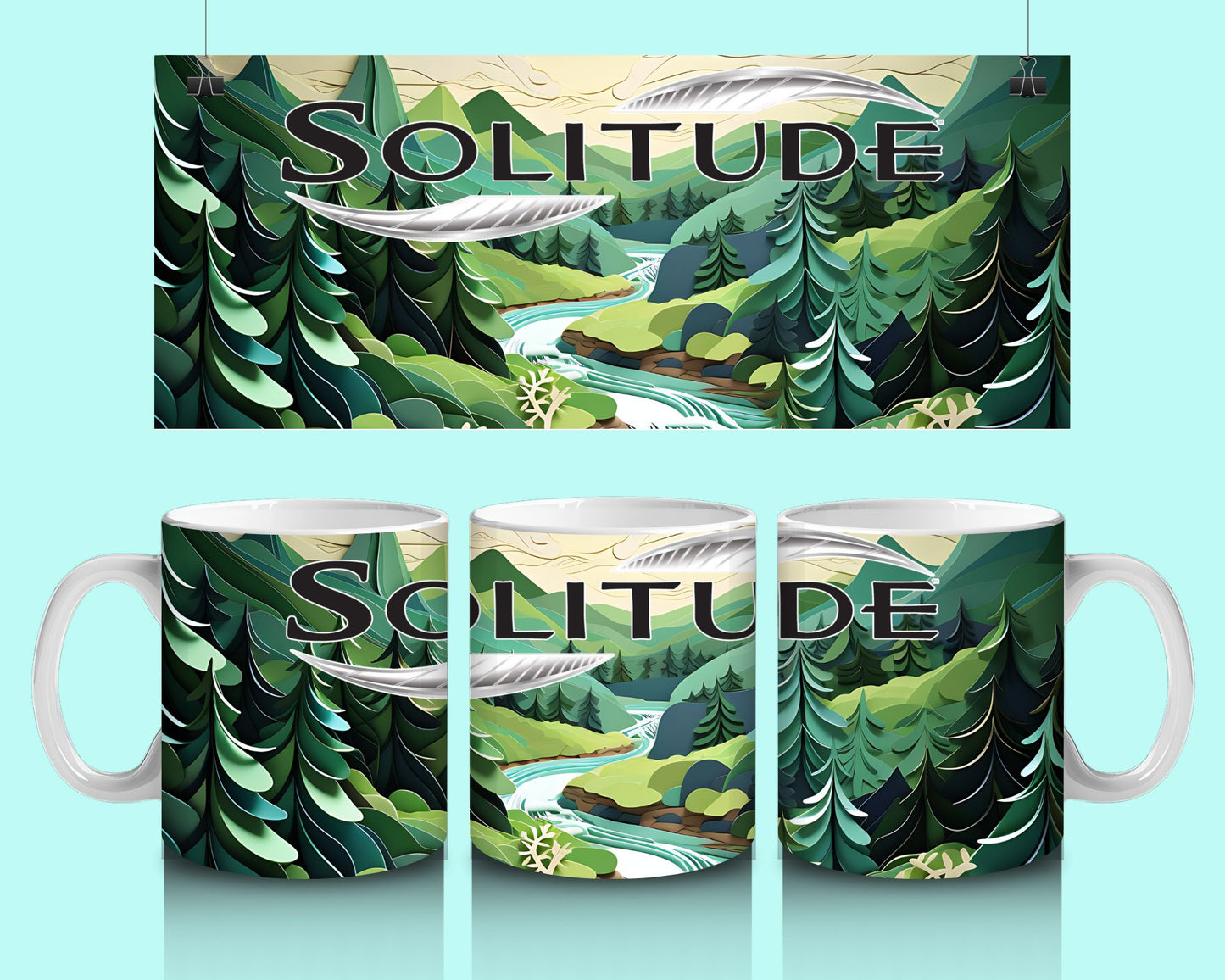 15 oz Coffee Cup Grand Design Solitude Lovey Makes It Solitude on Forest Stream Paper Art Green Trees No Name Horizontal <- ->