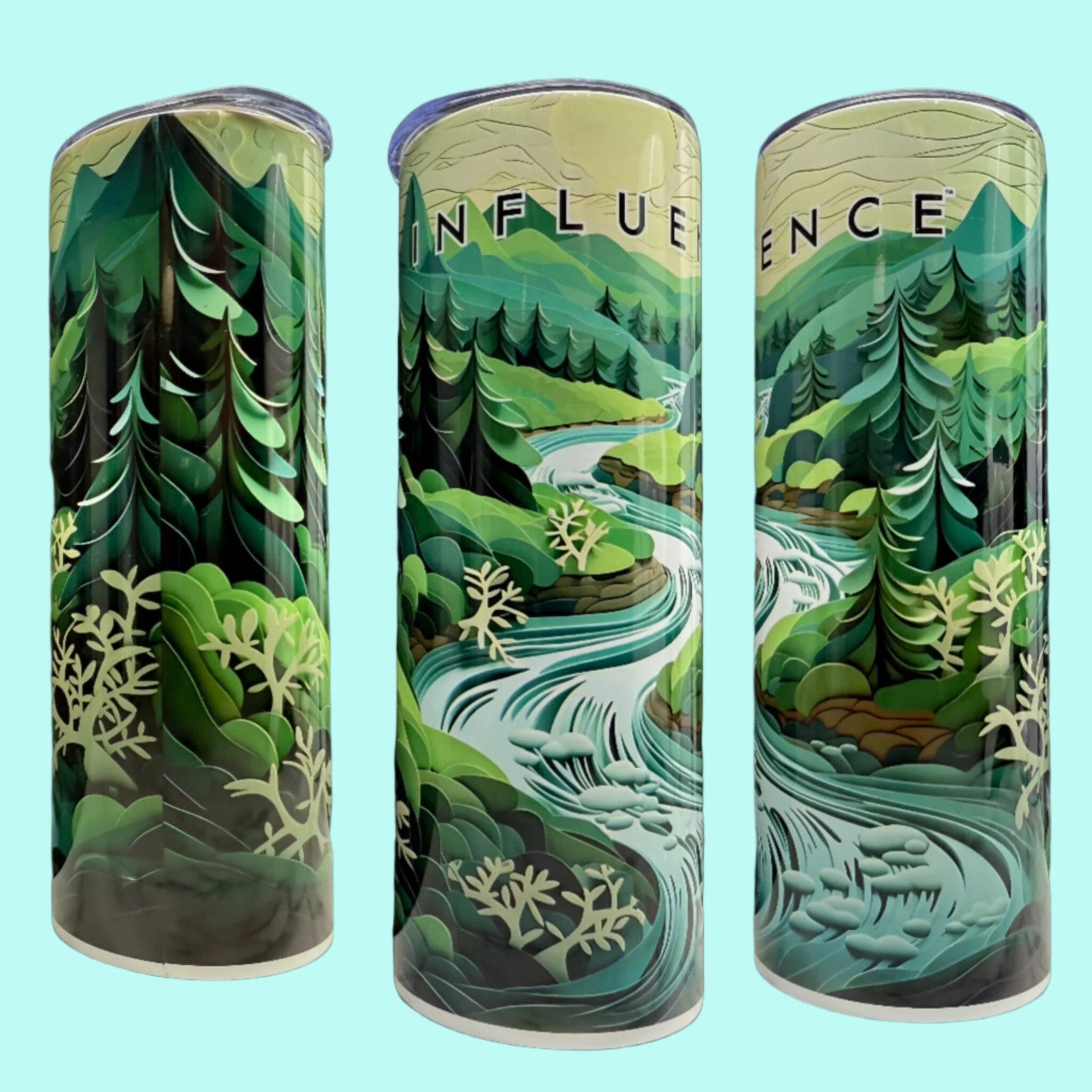 20 oz Skinny Tumbler Grand Design Influence Lovey Makes It Influence on Forest Stream Paper Art Green Trees No Name Horizontal <- ->