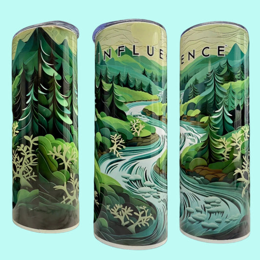 20 oz Skinny Tumbler Grand Design Influence Lovey Makes It Influence on Forest Stream Paper Art Green Trees No Name Horizontal <- ->