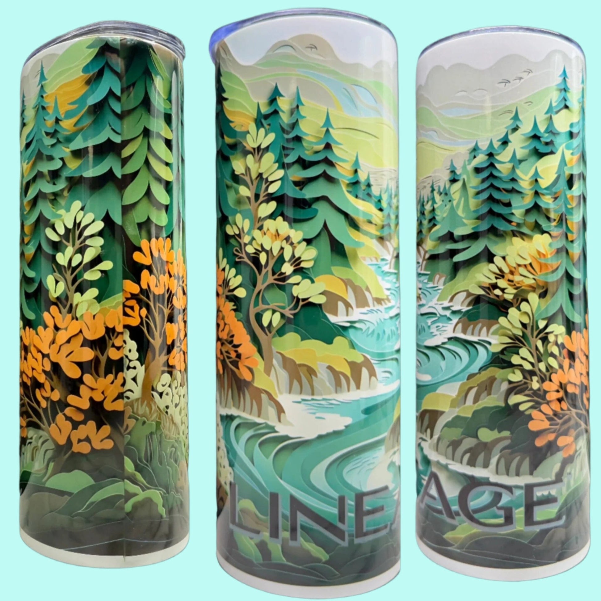 20 oz Skinny Tumbler Grand Design Lineage Lovey Makes It Lineage on Forest Stream Paper Art Orange Brush No Name Horizontal <- ->